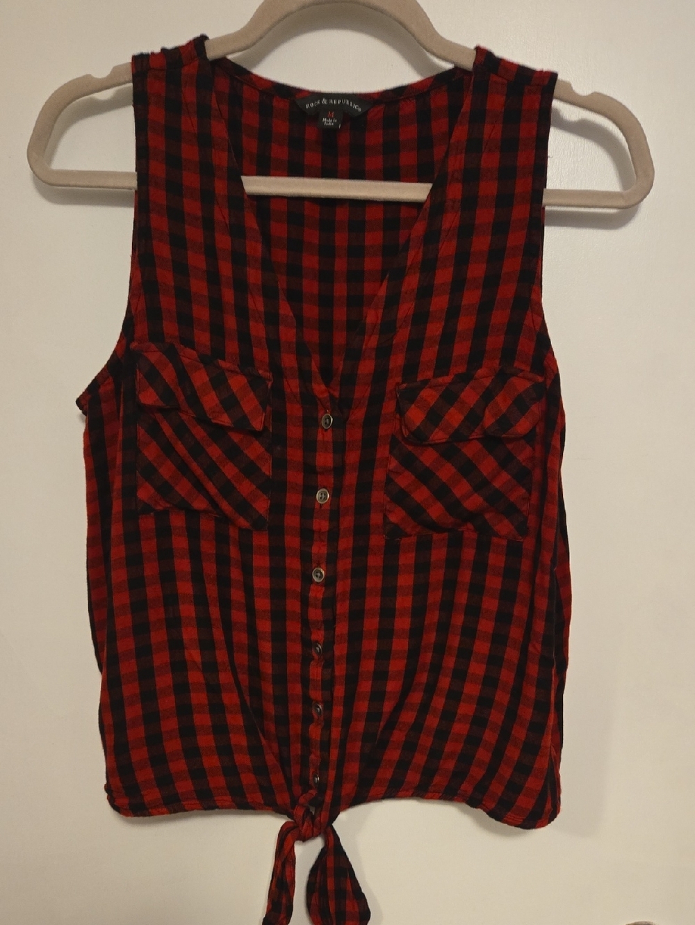 Rock & Republic Black And Red Plaid Tie Top